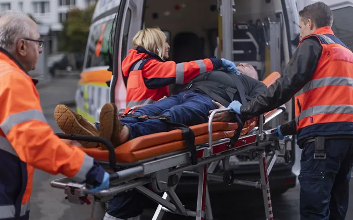 Team der ABC Ambulanz übernimmt einen Patienten auf der Trage für die Fernfahrt